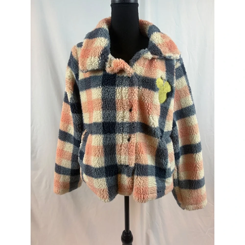 Disney Mickey Mouse Plaid Sherpa Fleece Teddy Jacket Pink Navy XL - Picture 5 of 8